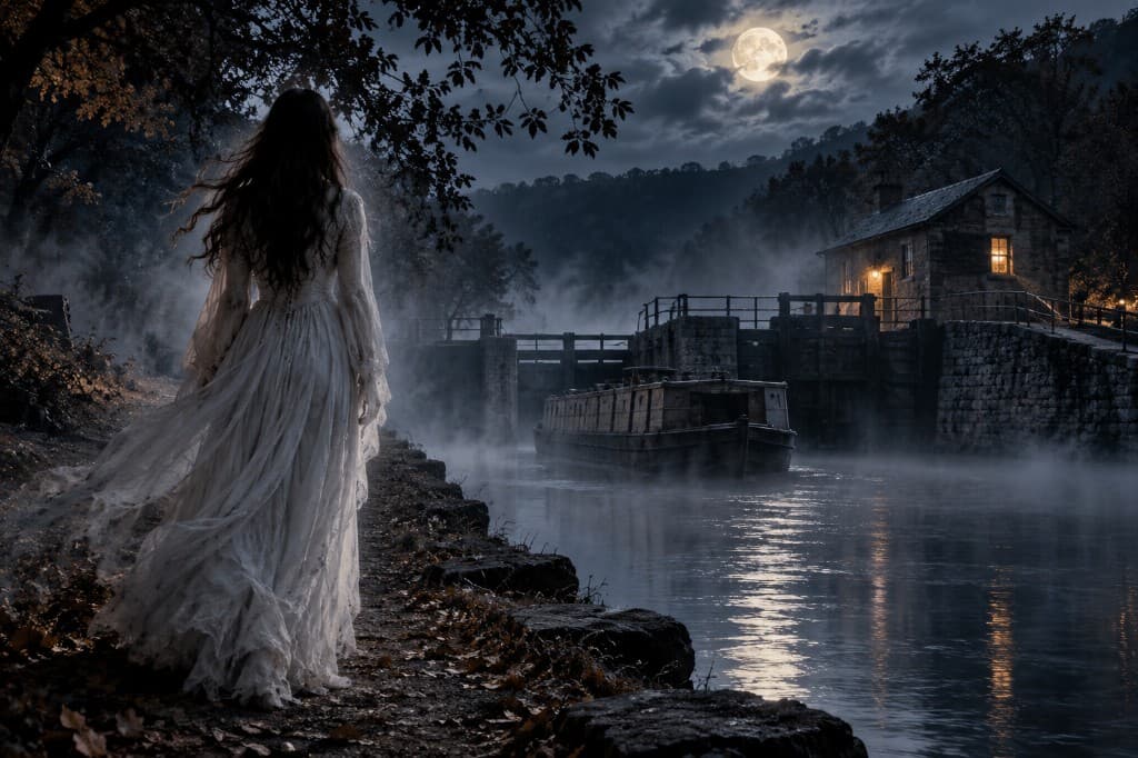 Illustration of the Lady in White legend along the Lehigh Canal at night